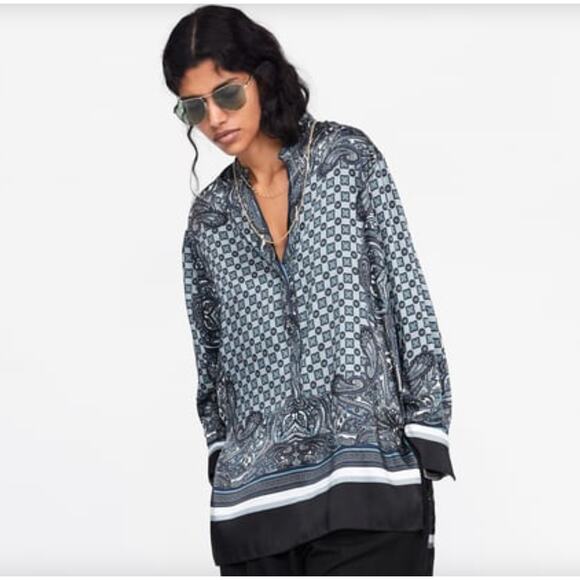 ZARA Black/Blue S Popover Blouse Paisley Print Hi Lo Hem V-Neck Long Sleeves - Picture 1 of 9